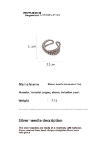 Detailed size specifications for zircon and pearl crossover ring with dimensions and weight
