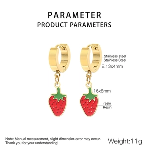 Detail view of 18K gold plated strawberry earrings with 13x4mm buckle and 16x8mm pendant