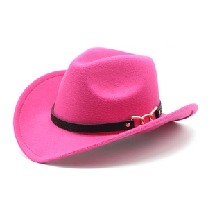 Detail of fuchsia wool cowboy hat featuring a black leather band and gold buckle