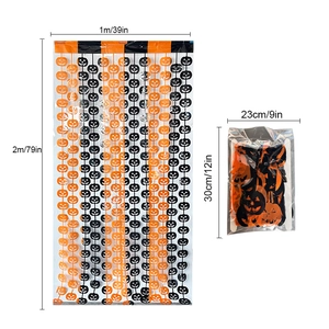 Detailed size chart for orange and black pumpkin fringe curtain in 1m x 2m dimensions