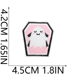 Detail of cute ghost embroidery patch with coffin background and 4.5cm dimension markings