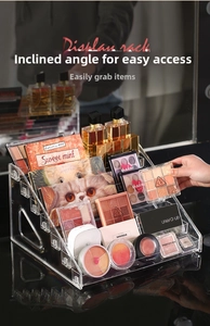 Macro shot of 4-tier clear acrylic tiered makeup organizer for eyeshadow and powders