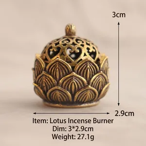 Makro-Detail eines Lotus-Räucherofens aus Messing mit Größen- und Gewichtsangaben