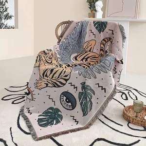 Bohemian Cotton Throw Blanket With Tassels Winged Tiger Eye Jacquard Knit Sofa Cover Camping Picnic Rug Wall Tapestry Decor