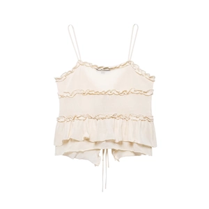 Creamy white ruffled knit camisole top with triple-layered frills and spaghetti straps