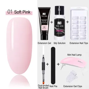 Solid nail extension gel kit with UV lamp, brush, liquid, and clear tips for beginners