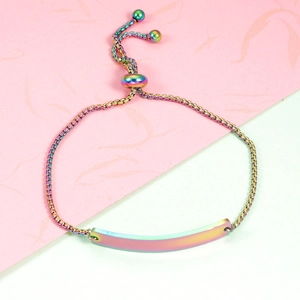Macro shot of rainbow-plated bar on adjustable stainless steel box chain bracelet