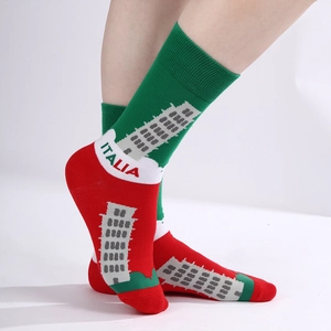 Italian flag themed cotton crew socks with Italia lettering and landmark pattern