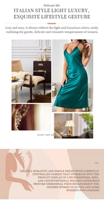 Detail of elegant dark green silk satin nightgown with adjustable thin spaghetti straps
