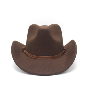 Close-up of a brown felt cowboy hat with teardrop crown and decorative leather band strap