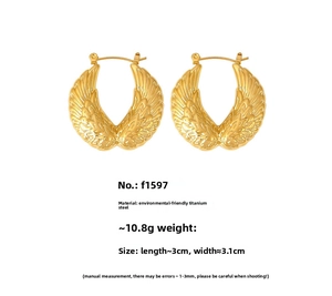 Detailed view of golden wing earrings in titanium steel with 18k plating specifications