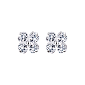 Elegant S999 sterling silver four-leaf clover stud earrings with sparkling clear zircon stones