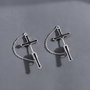 Punk style S925 silver stud earrings with cross chain and sword pendant for men