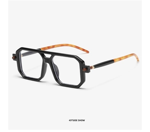 Detailed 45-degree side view of square sunglasses with amber tortoiseshell temples