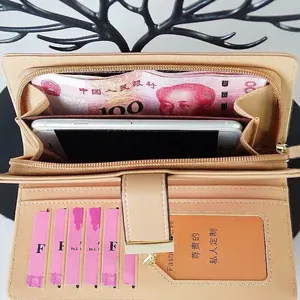 Long minimalist beige PU leather wallet for women with multi-card slots and phone pocket