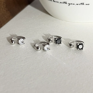 Minimalist 925 silver ear cuffs with four-prong zircon and metal bead in black and white