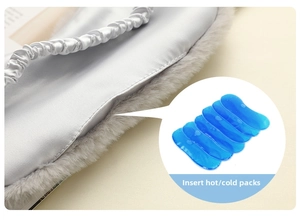Detail of plush sleep mask with silk side and internal slot for gel cooling ice pack