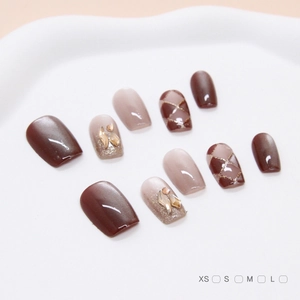 Press On Nails Cat Eye Texture Rhinestone Inlay Glitter Lattice Pattern Elegant Brown Nude False Nails Women