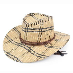 Cappello da cowboy in paglia a quadri con sottogola regolabile per protezione solare esterna