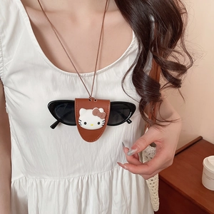 Brown leather necklace bag with cartoon cat decor holding fashion sunglasses