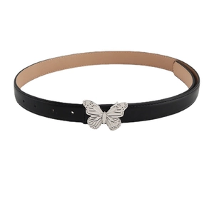 Y2K subculture black leather belt with a vintage silver metal butterfly buckle on white background
