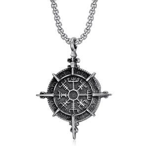 Retro silver Viking compass pendant with Vegvisir runes on a stainless steel chain