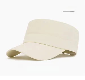 Detail of a beige quick-dry flat top military cap with breathable mesh and stiff brim