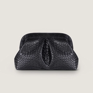 Black woven leather dumpling clutch bag with minimalist pleats and soft cloud shape