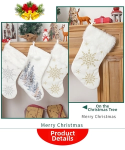 Close-up of white plush Christmas stocking with gold snowflake and blue forest embroidery