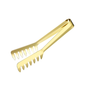 Macro shot of golden stainless steel spaghetti tongs with serrated edges for easy grip