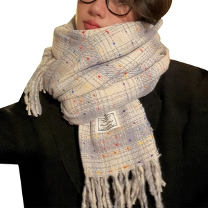 Women's grey checkered scarf with colorful polka dots, fringe tassels and fashion label