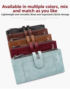 Detailed display of multi-color PU leather long wallets with zipper and snap closure