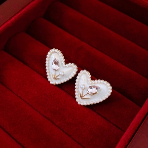 Geometric Heart Square Stud Earrings Enamel Rhinestone Imitation Artificial Pearl Silver Earring Post French Vintage For Women