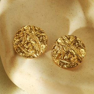 French retro gold round titanium steel earrings with textured wrinkled metal surface