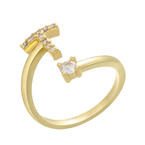 Macro shot of gold adjustable ring featuring micro-pave letter T and a round zircon stone