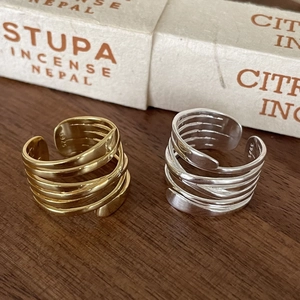 Minimalist 925 sterling silver woven multilayer adjustable open ring in gold and silver