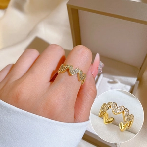 Elegant Open Adjustable Ring Brass Gold Plated Heart Shape Micro Pave White Cubic Zirconia Fashion Jewelry For Women