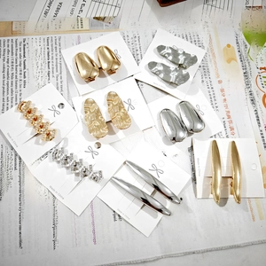 Geometric Alloy Hair Clips Gold Silver Textured Oval Leaf Shape Rhinestone Side Bobby Pin Bangs Headwear Women