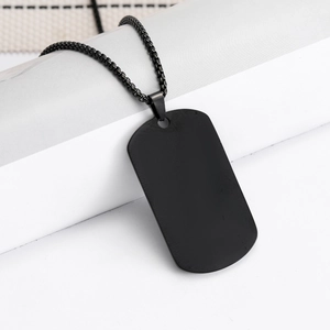 Minimalist black stainless steel military dog tag pendant with beaded ball chain