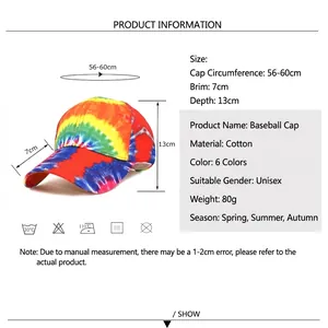Tie-dye cotton baseball cap with rainbow print and size details for outdoor sun protection