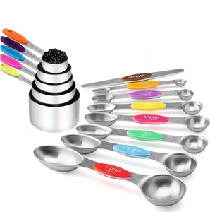 Detailed set of stainless steel measuring cups and spoons with colorful silicone handles