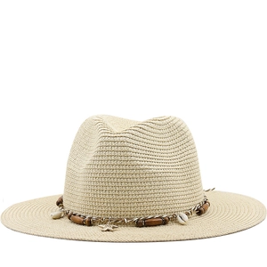 Women Fedora Straw Sun Hat Woven Breathable Beach Holiday Bohemian Style With Shell Wood Bead And Metal Starfish Pendant