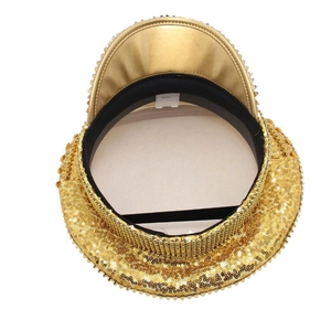 Detailed interior view of a gold sequin bridal hat showing stitching and size label