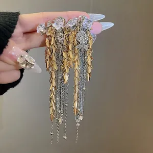 Long Flower Wheat Ear Chain Tassel Drop Earrings With Silver Earring Post Alloy Rhinestone Jewelry For Women Wedding