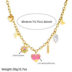 Golden stainless steel chain necklace with colorful heart, bird, and pearl pendants