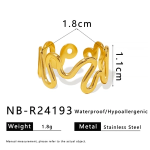 Detailed size specifications for irregular gold wave ring in waterproof stainless steel