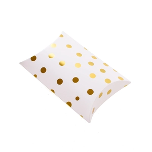 Elegant white pillow gift box with gold foil polka dots on a clean white background