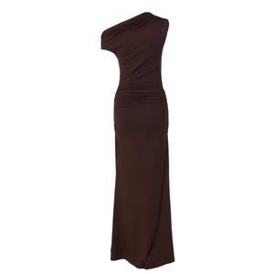 Detail of elegant ruched fabric and slim-fit waist on dark brown one-shoulder maxi dress