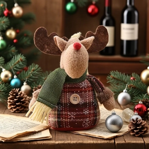 Detailed view of Christmas reindeer plush with snowflake pattern and tartan sweater