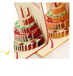 Macro view of 3D birthday card featuring laser-cut cake layers and musical switch detail